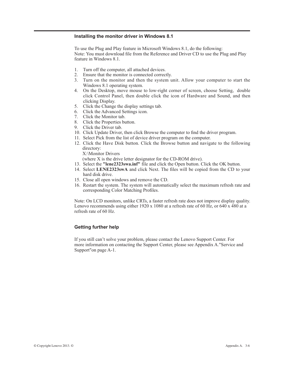 Installing the monitor driver in windows 8.1 | Lenovo ThinkVision E2323s 23-inch FHD WLED Backlit LCD Monitor User Manual | Page 25 / 32