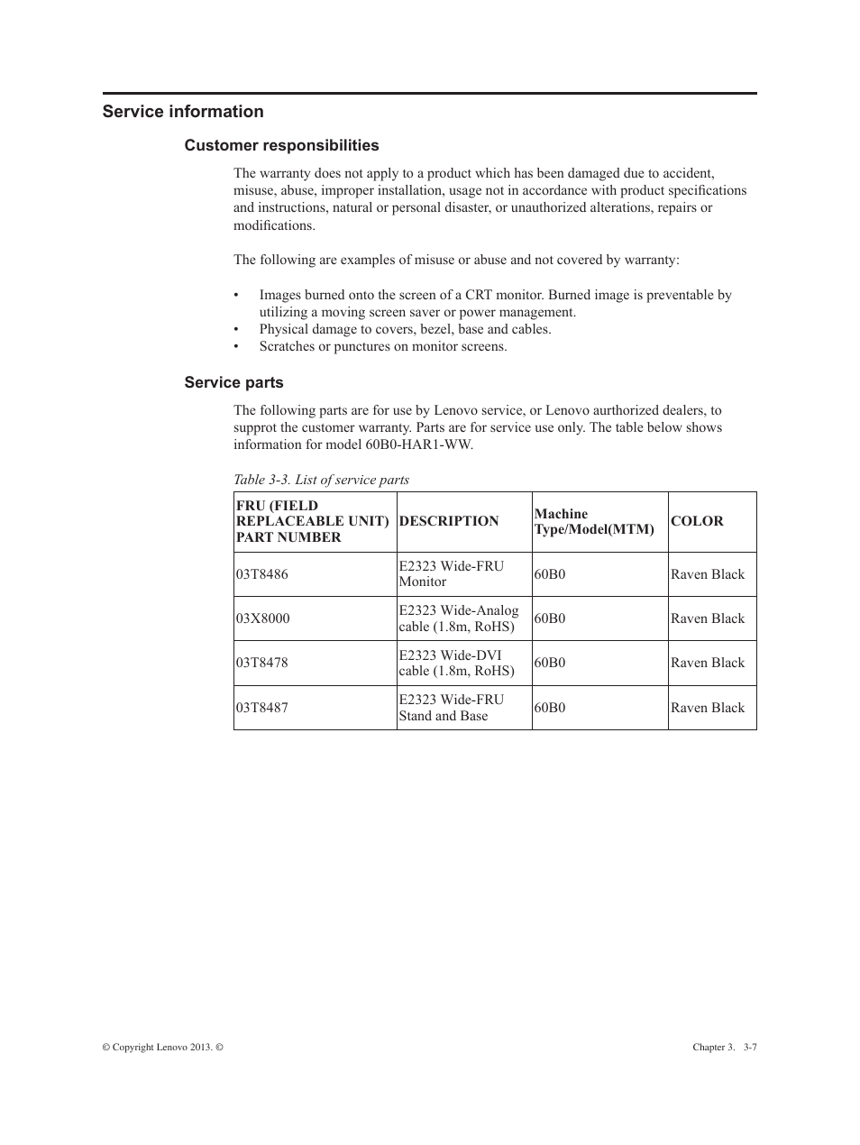 Service information -7, Customer responsibilities -7 service parts -7 | Lenovo ThinkVision E2323s 23-inch FHD WLED Backlit LCD Monitor User Manual | Page 26 / 32