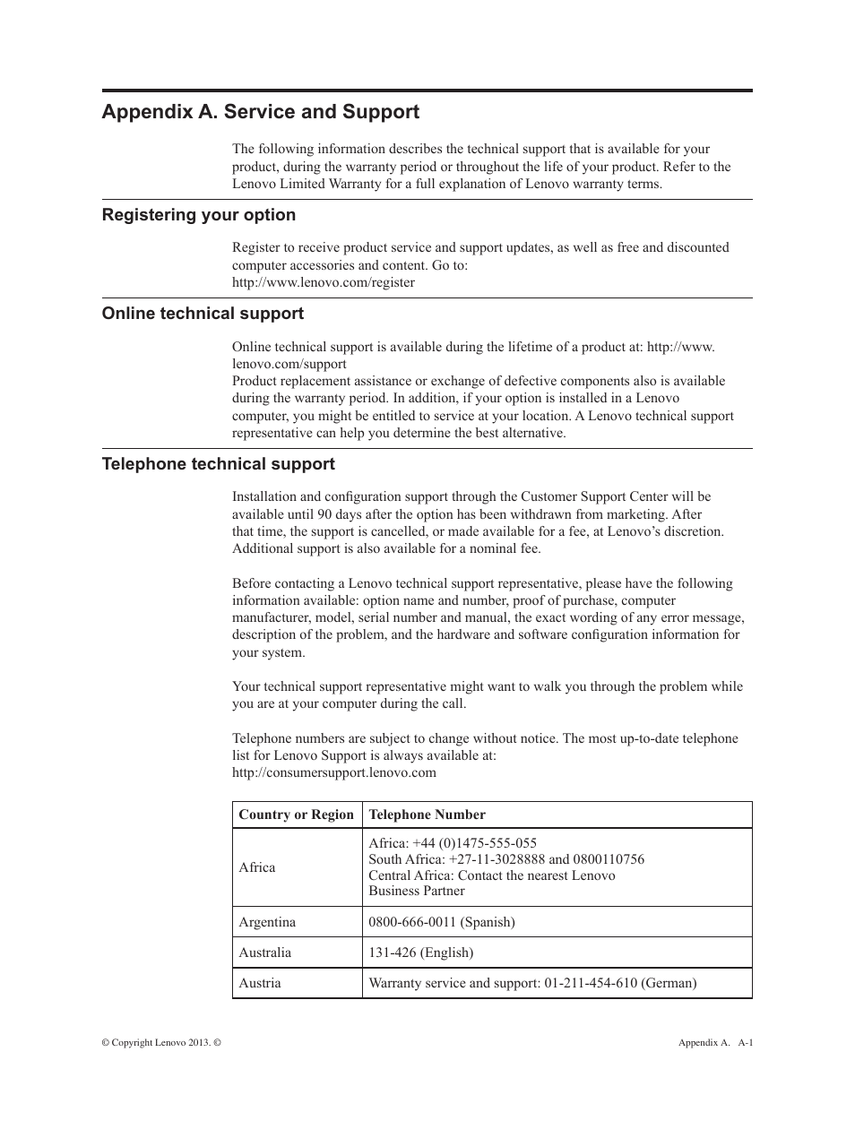 Appendix a. service and support, Registering your option, Online technical support | Telephone technical support, Appendix a, Service and | Lenovo ThinkVision E2323s 23-inch FHD WLED Backlit LCD Monitor User Manual | Page 27 / 32