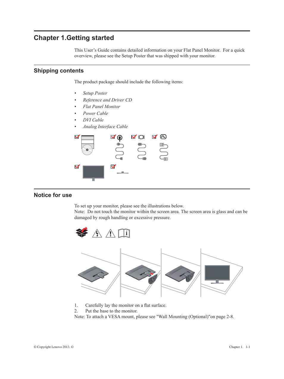Chapter 1.getting started, Shipping contents, Notice for use | Chapter 1. getting started, Shipping contents -1 notice for use -1 | Lenovo ThinkVision E2323s 23-inch FHD WLED Backlit LCD Monitor User Manual | Page 5 / 32