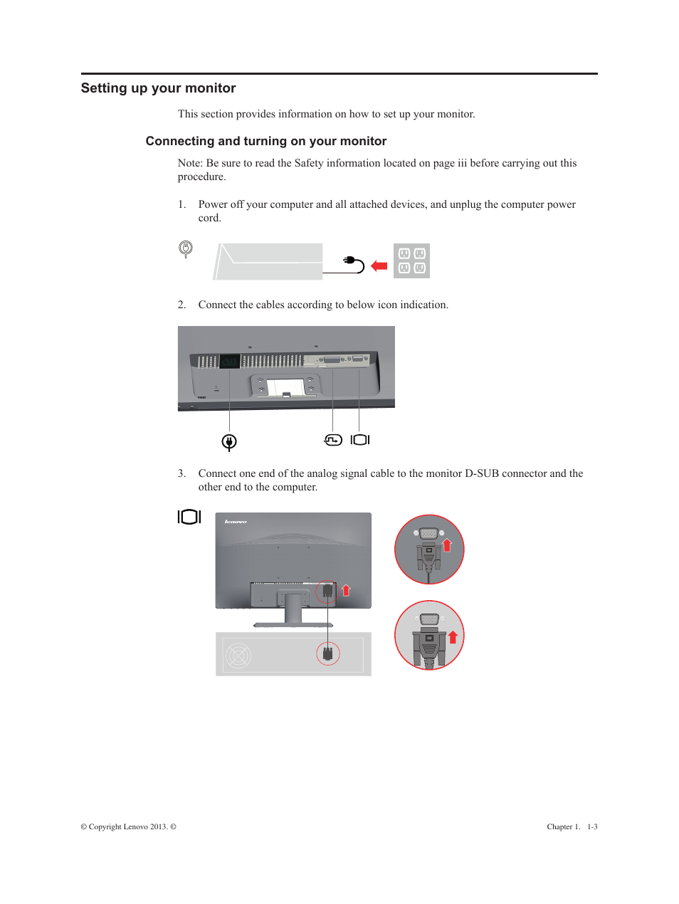 Setting up your monitor, Connecting and turning on your monitor, Setting up your monitor -3 | Connecting and turning on your monitor -3 | Lenovo ThinkVision E2323s 23-inch FHD WLED Backlit LCD Monitor User Manual | Page 7 / 32