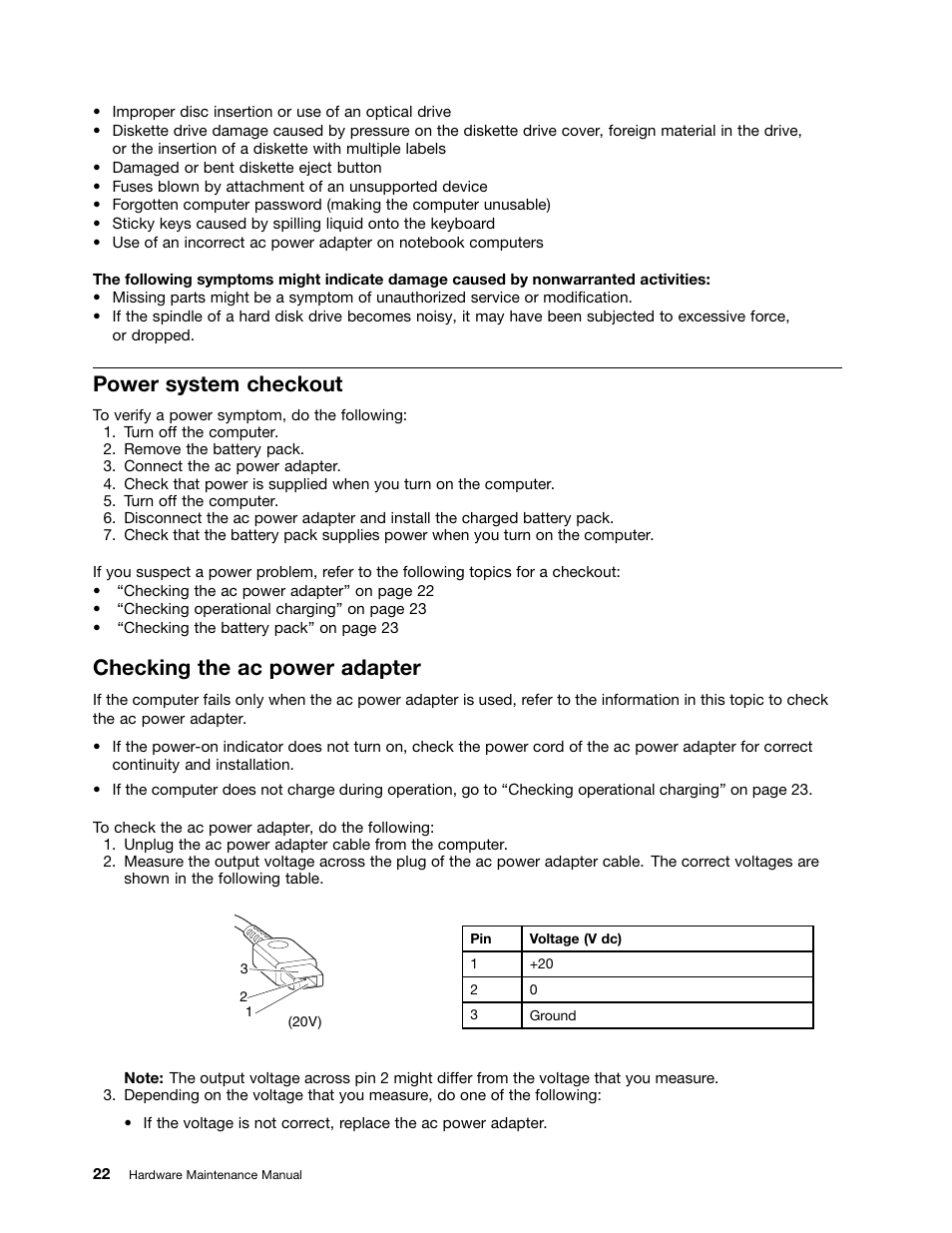 Power system checkout, Checking the ac power adapter | Lenovo V4400u Notebook User Manual | Page 28 / 94