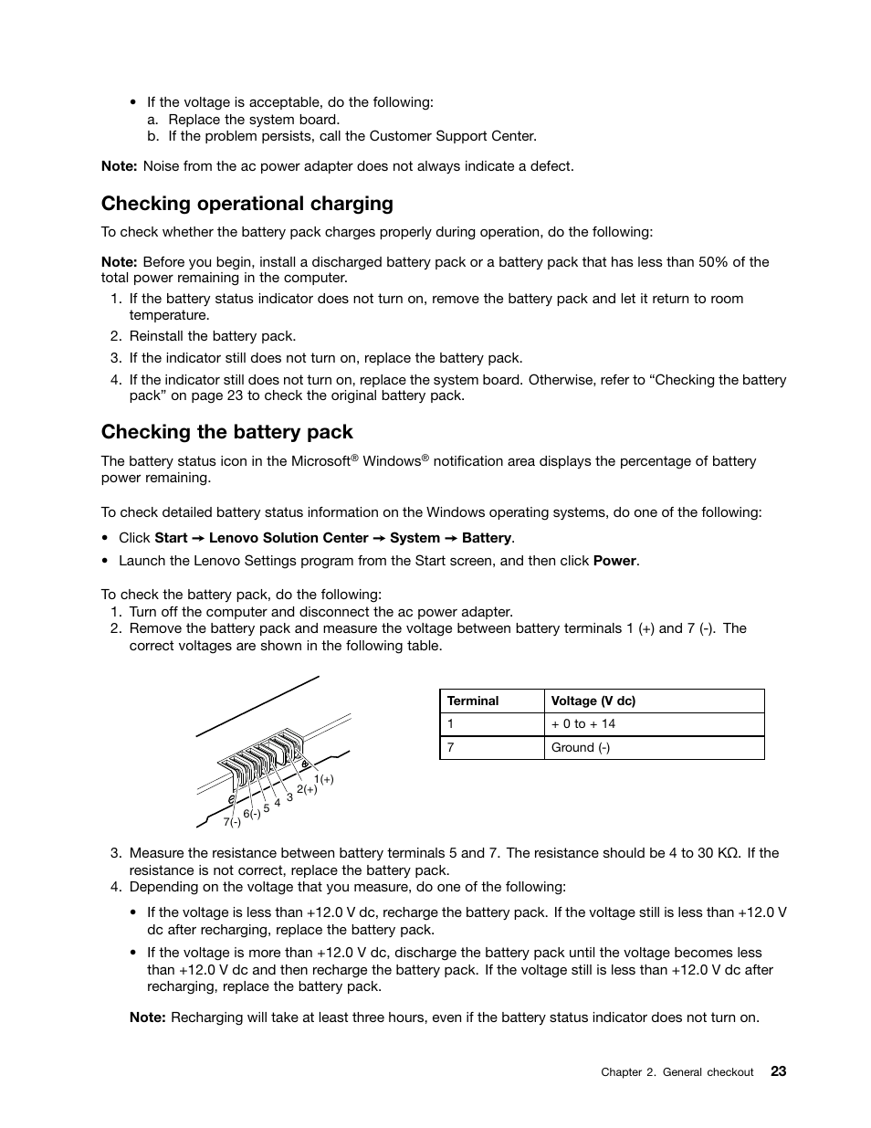 Checking operational charging, Checking the battery pack | Lenovo V4400u Notebook User Manual | Page 29 / 94