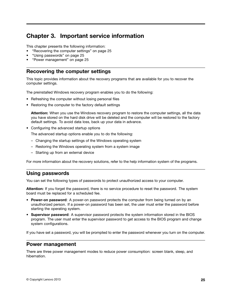 Chapter 3. important service information, Recovering the computer settings, Using passwords | Power management | Lenovo V4400u Notebook User Manual | Page 31 / 94