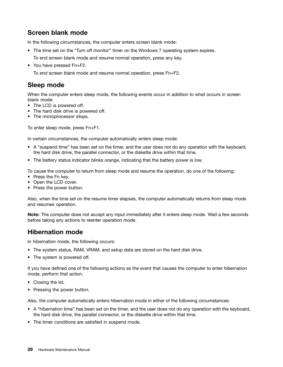 Screen blank mode, Sleep mode, Hibernation mode | Lenovo V4400u Notebook User Manual | Page 32 / 94