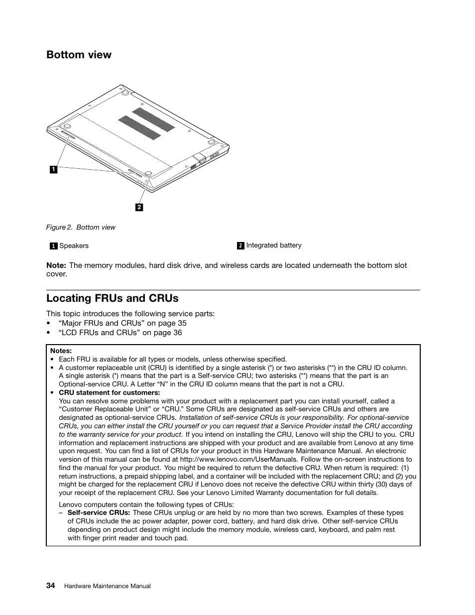 Bottom view, Locating frus and crus | Lenovo V4400u Notebook User Manual | Page 40 / 94