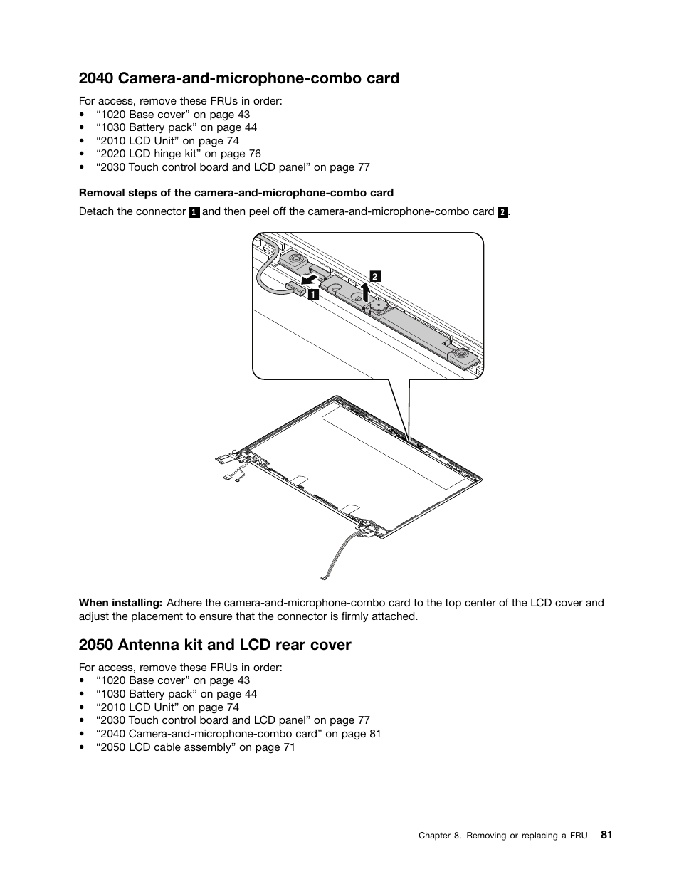 2040 camera-and-microphone-combo card, 2050 antenna kit and lcd rear cover | Lenovo V4400u Notebook User Manual | Page 87 / 94