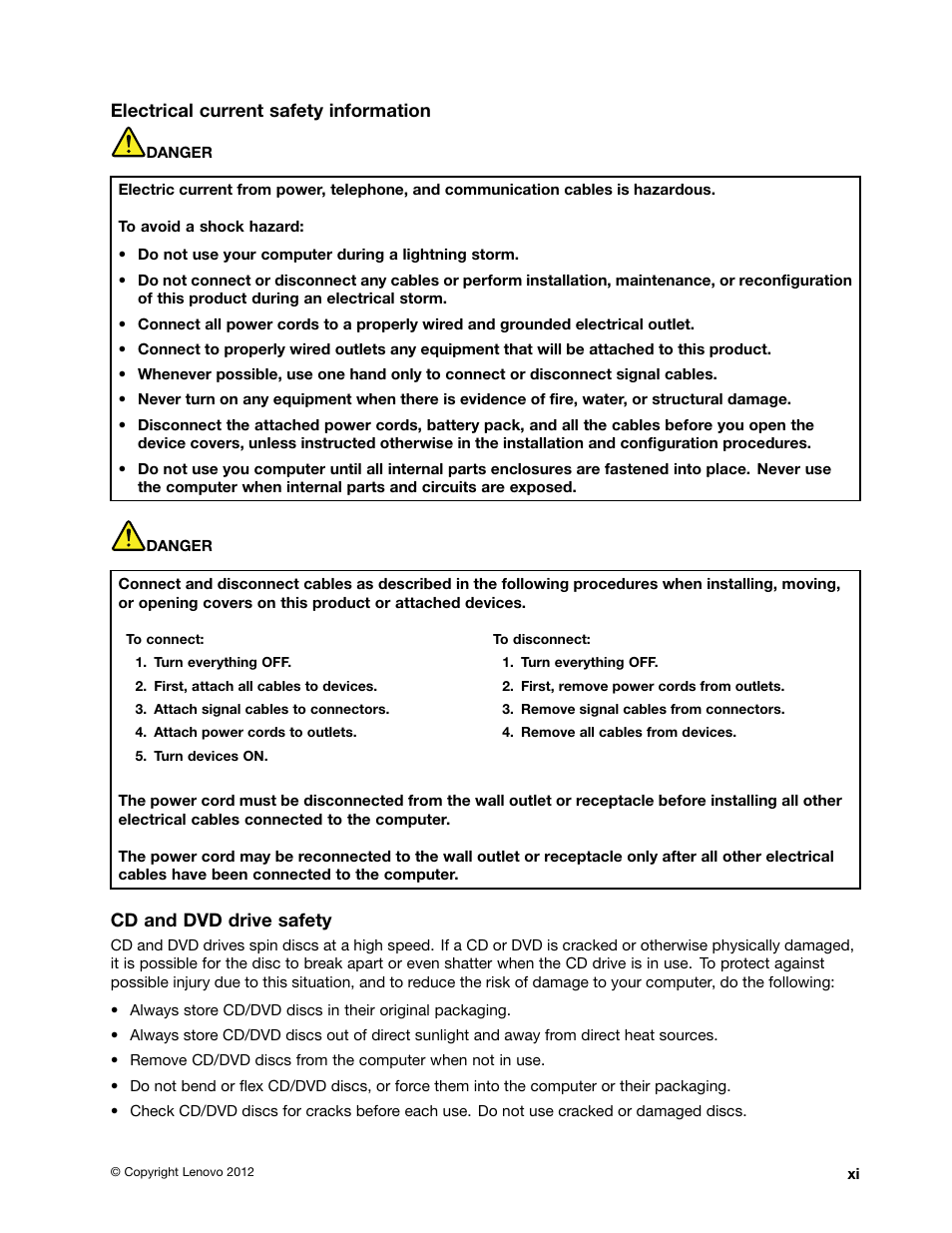 Electrical current safety information, Cd and dvd drive safety | Lenovo B485 Notebook User Manual | Page 13 / 90