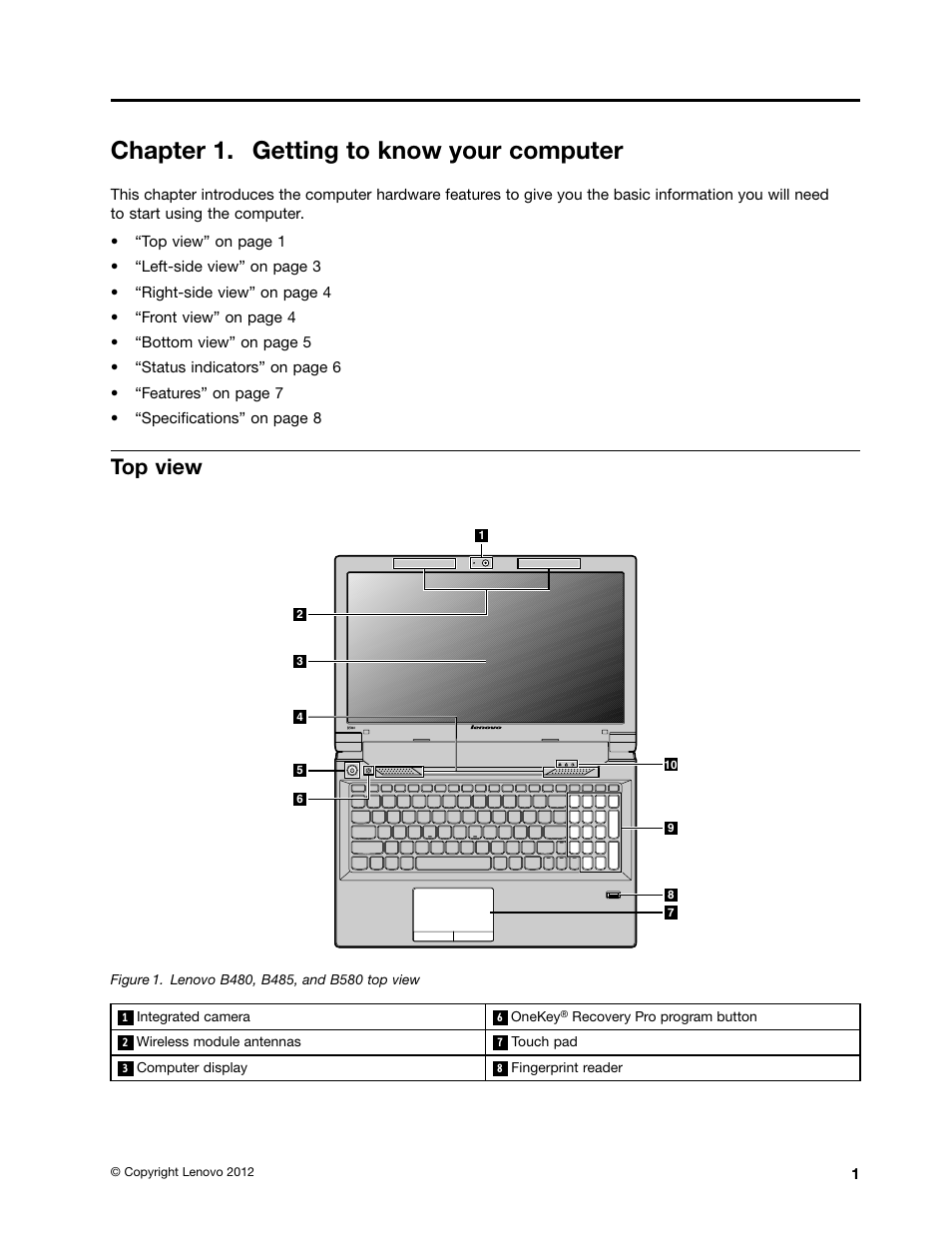 Chapter 1. getting to know your computer, Top view | Lenovo B485 Notebook User Manual | Page 17 / 90