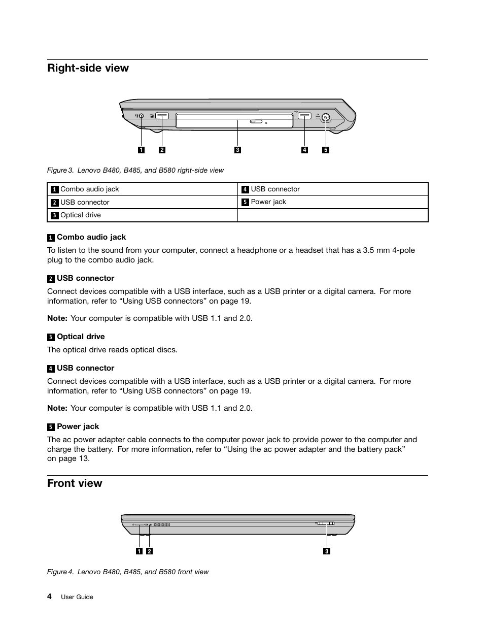 Right-side view, Front view | Lenovo B485 Notebook User Manual | Page 20 / 90