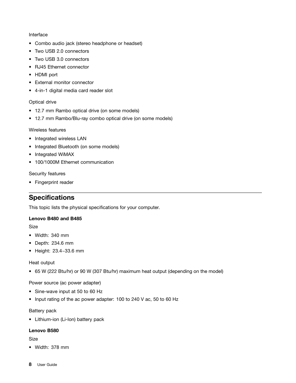 Specifications | Lenovo B485 Notebook User Manual | Page 24 / 90
