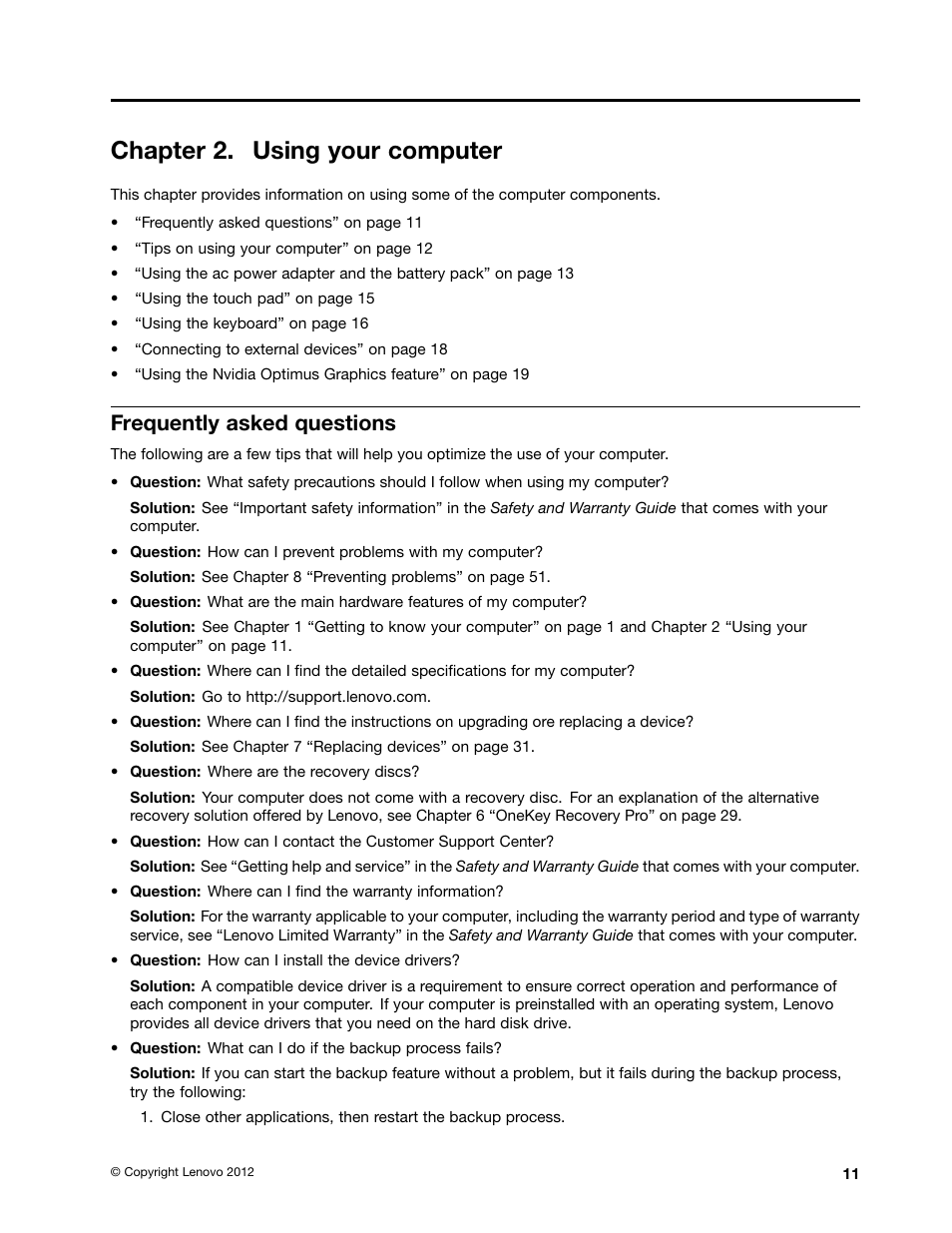 Chapter 2. using your computer, Frequently asked questions | Lenovo B485 Notebook User Manual | Page 27 / 90