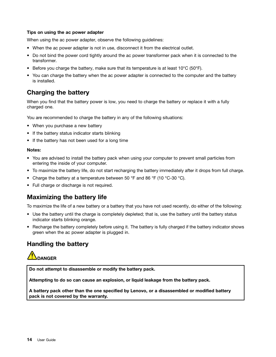 Charging the battery, Maximizing the battery life, Handling the battery | Lenovo B485 Notebook User Manual | Page 30 / 90