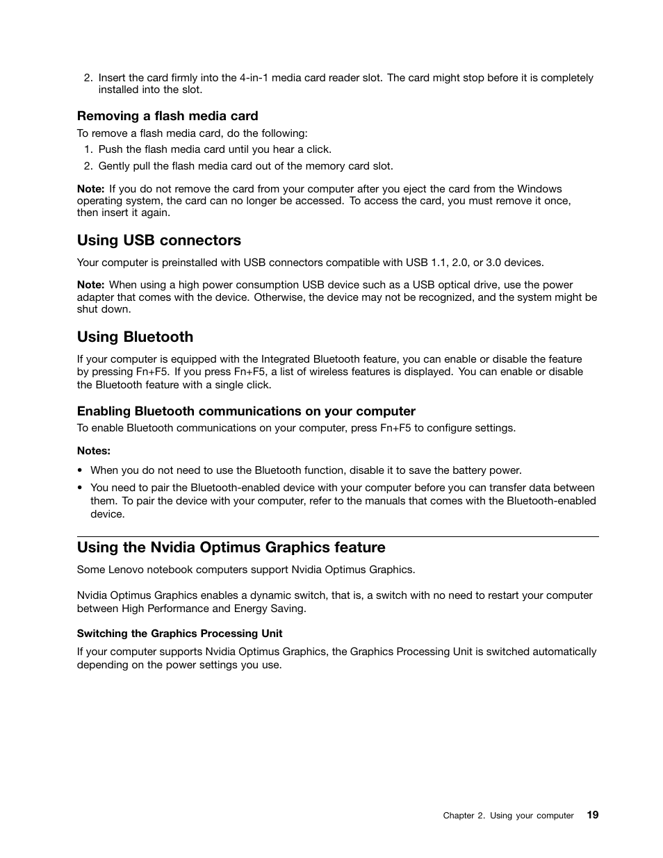 Using usb connectors, Using bluetooth, Using the nvidia optimus graphics feature | Lenovo B485 Notebook User Manual | Page 35 / 90