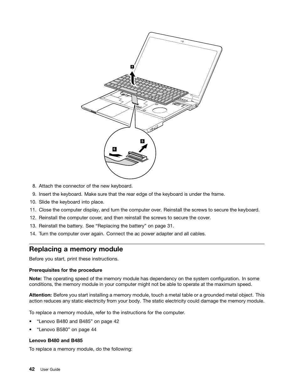 Replacing a memory module | Lenovo B485 Notebook User Manual | Page 58 / 90