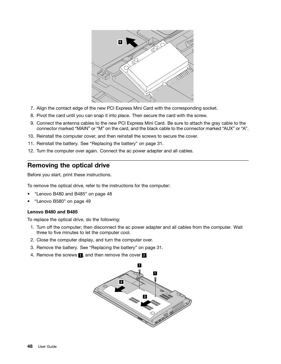 Removing the optical drive | Lenovo B485 Notebook User Manual | Page 64 / 90