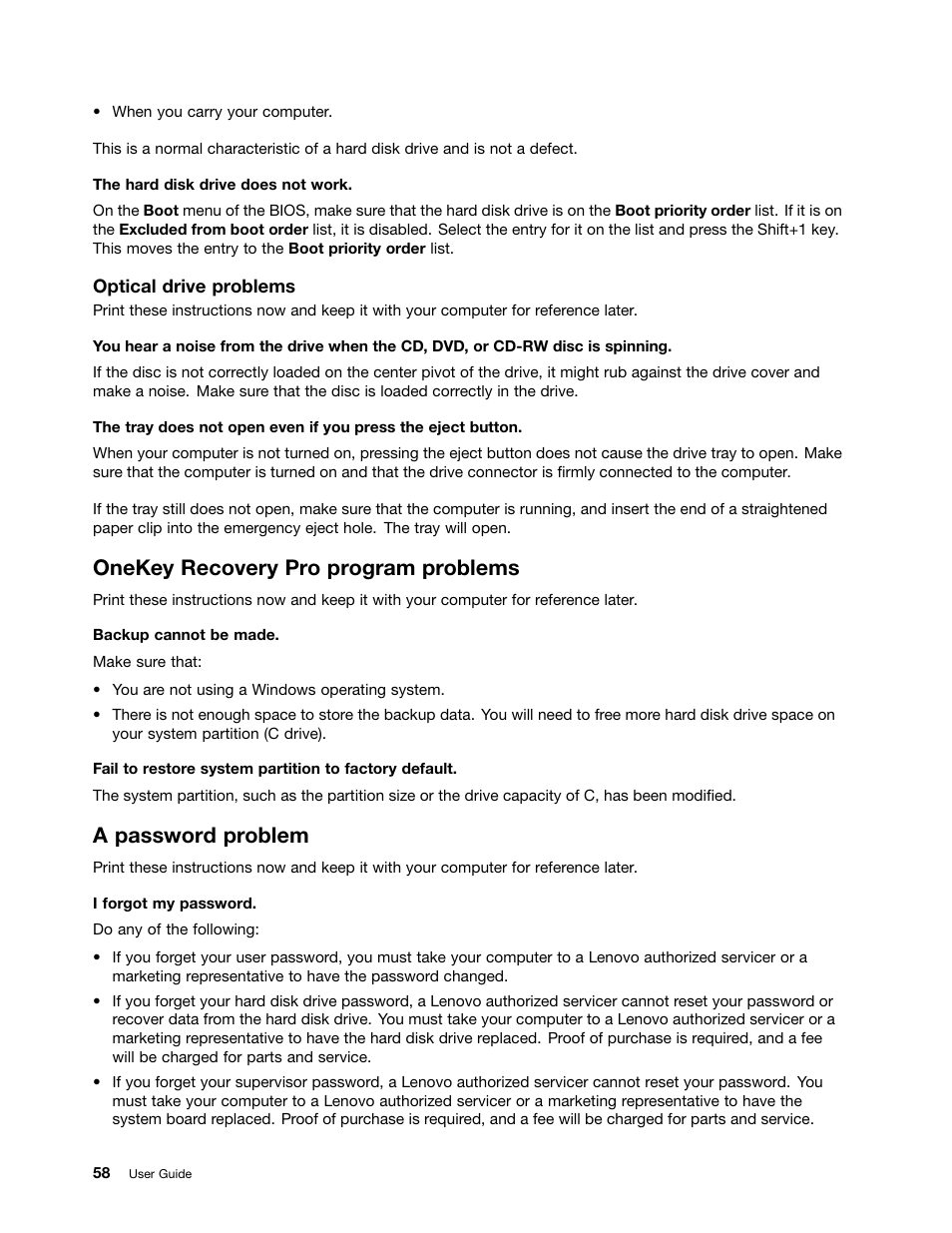 Onekey recovery pro program problems, A password problem | Lenovo B485 Notebook User Manual | Page 74 / 90