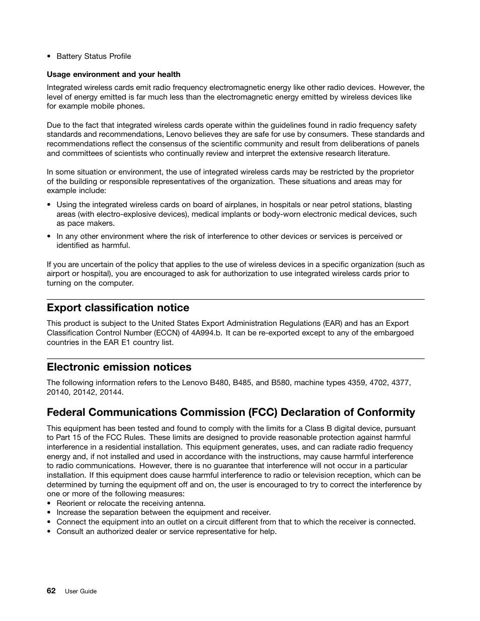 Export classification notice, Electronic emission notices | Lenovo B485 Notebook User Manual | Page 78 / 90