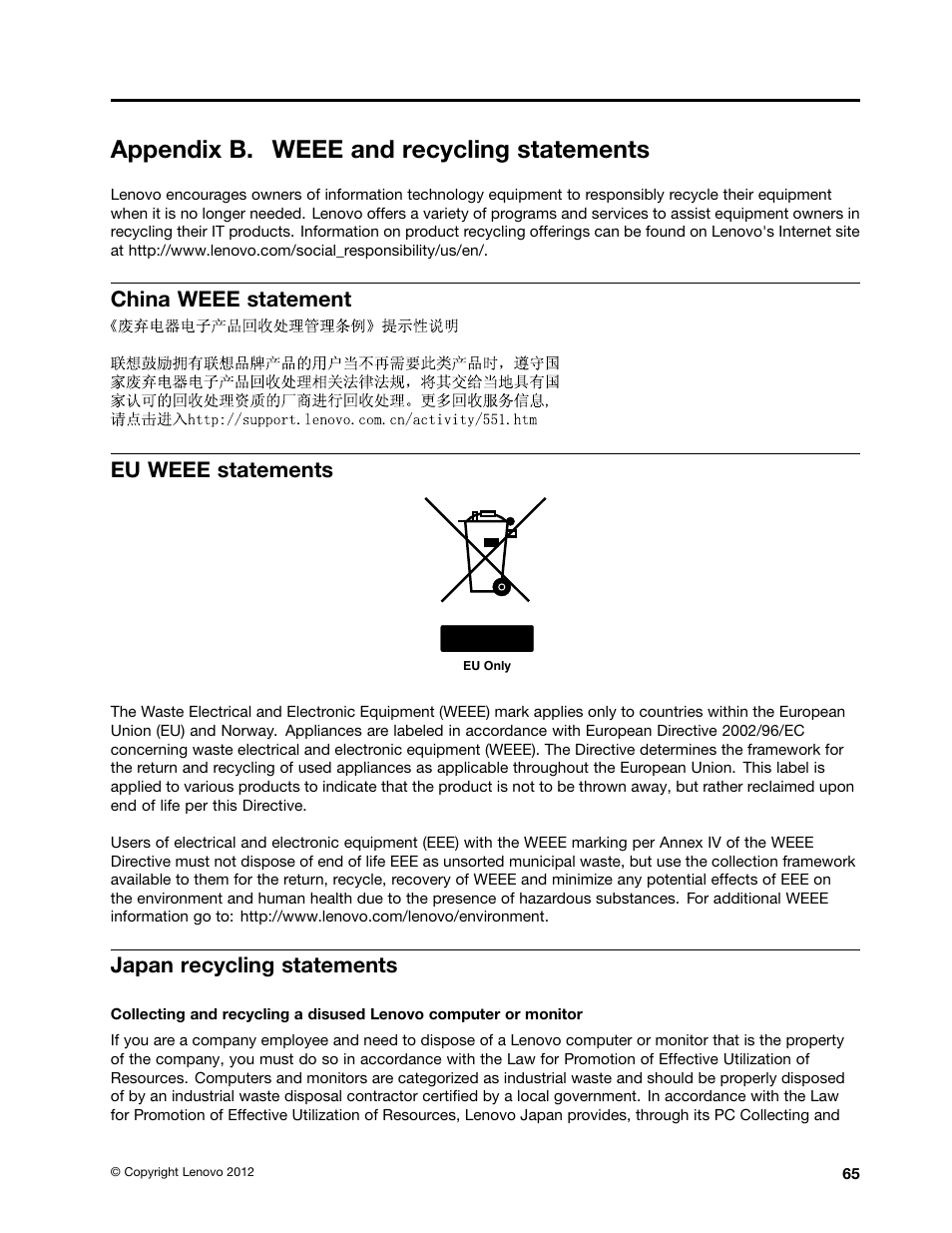 Appendix b. weee and recycling statements, China weee statement, Eu weee statements | Japan recycling statements, China weee statement eu weee statements | Lenovo B485 Notebook User Manual | Page 81 / 90