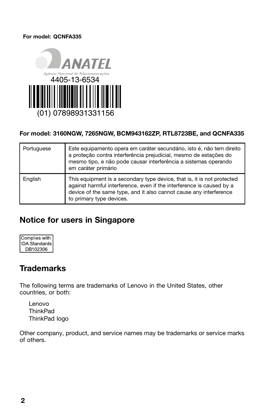 Notice for users in singapore, Trademarks, Notice for users in singapore trademarks | Lenovo ThinkPad E555 User Manual | Page 2 / 4