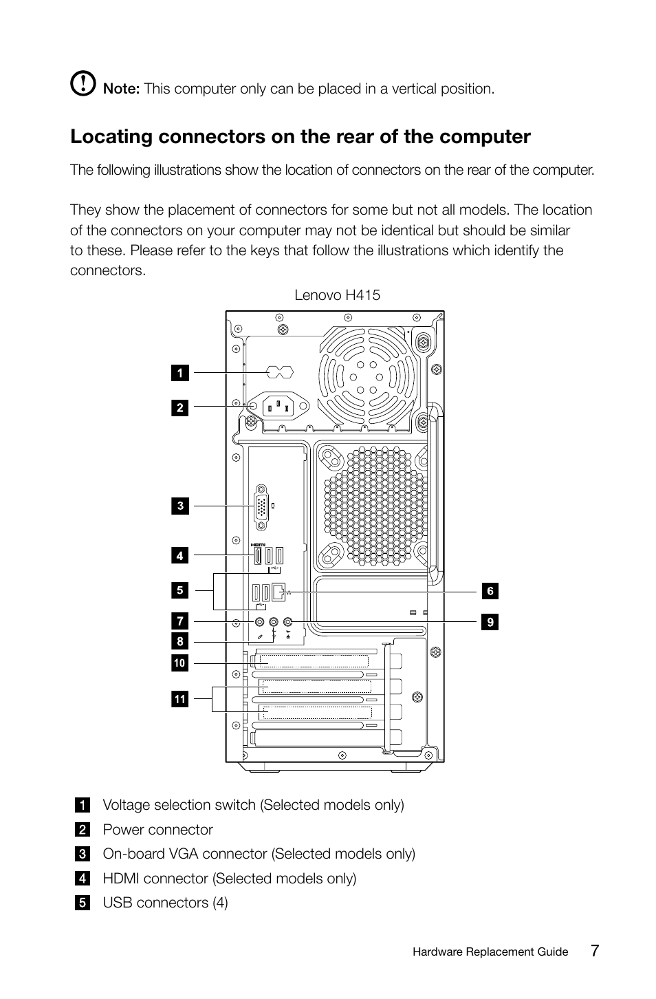Locating connectors on the rear of the computer | Lenovo H415 Desktop User Manual | Page 12 / 37