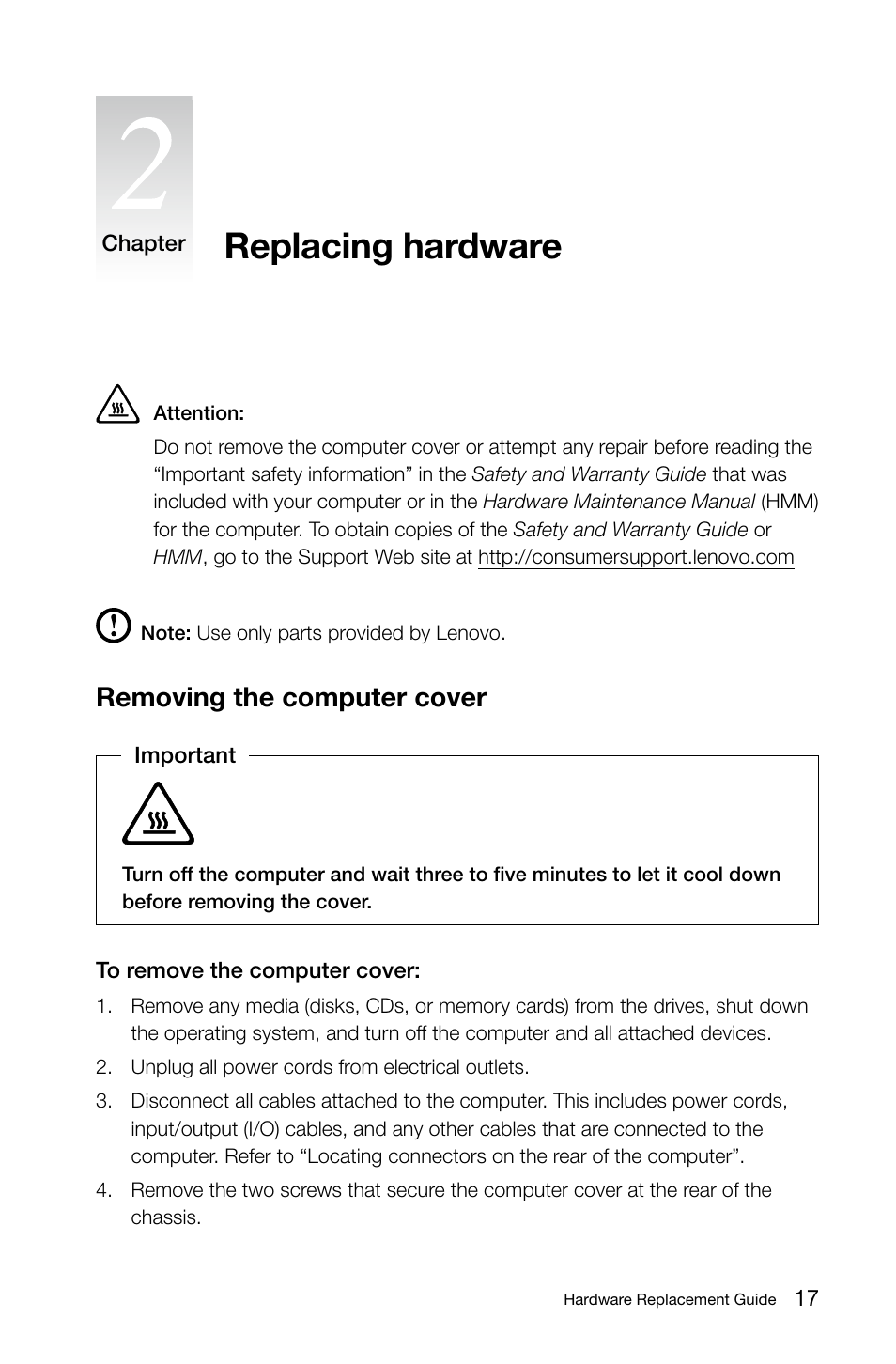 Replacing hardware, Removing the computer cover | Lenovo H415 Desktop User Manual | Page 22 / 37