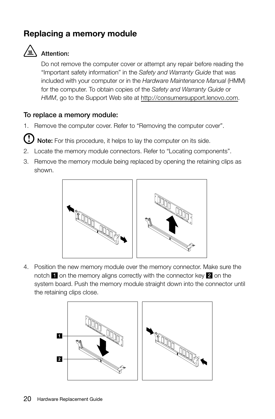 Replacing a memory module | Lenovo H415 Desktop User Manual | Page 25 / 37