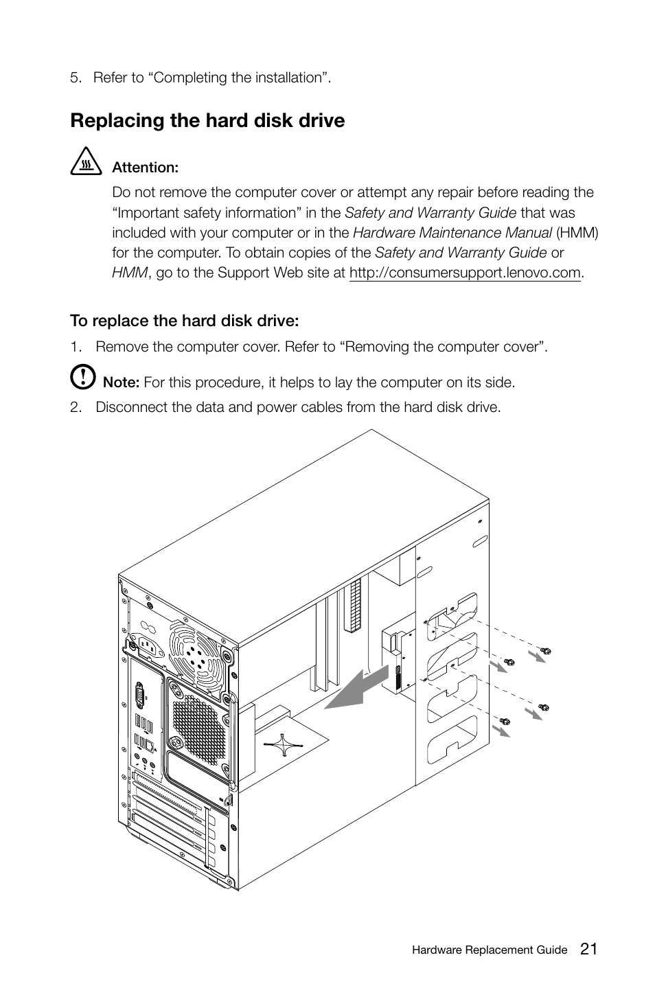 Replacing the hard disk drive | Lenovo H415 Desktop User Manual | Page 26 / 37