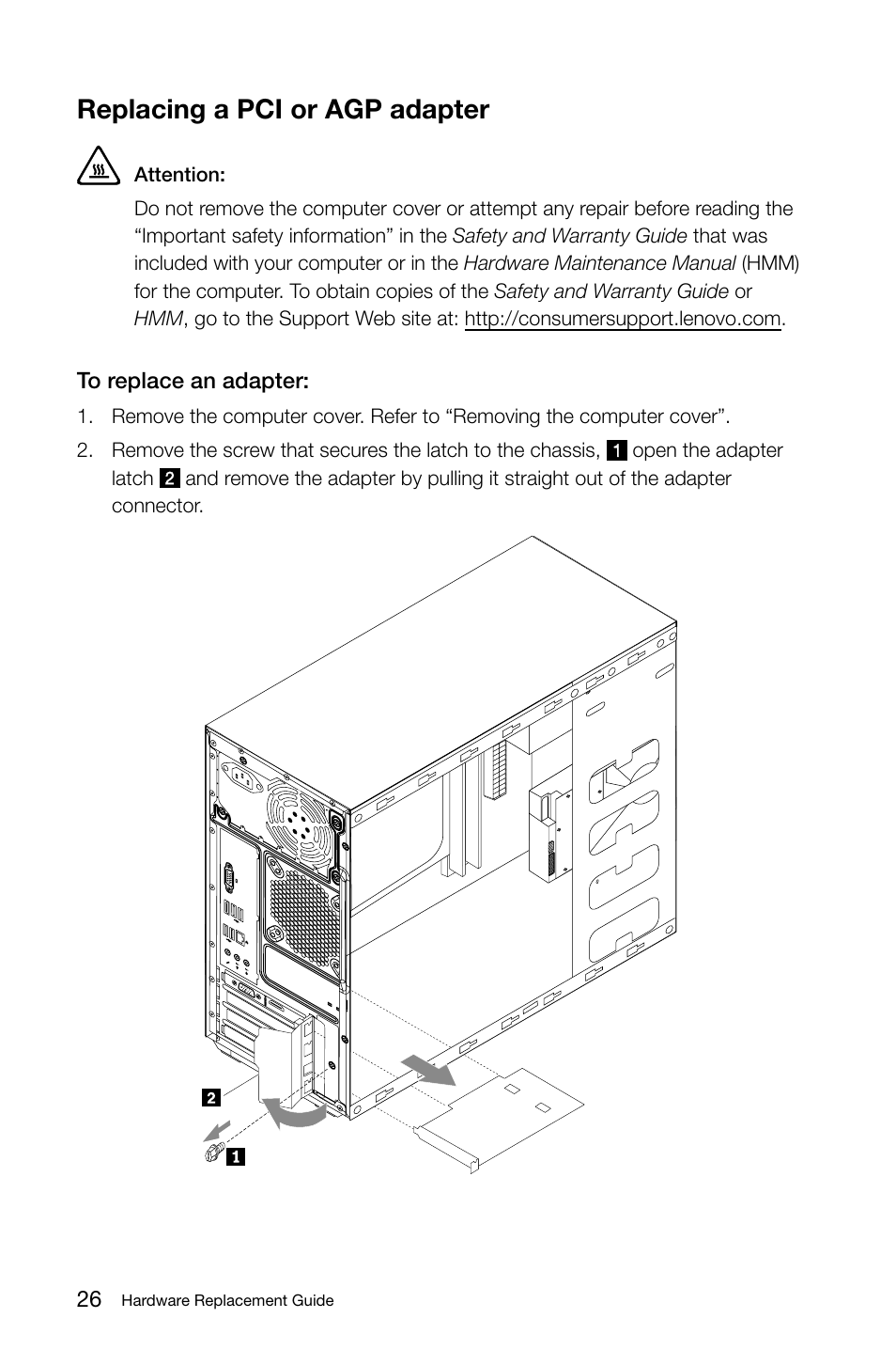 Replacing a pci or agp adapter | Lenovo H415 Desktop User Manual | Page 31 / 37