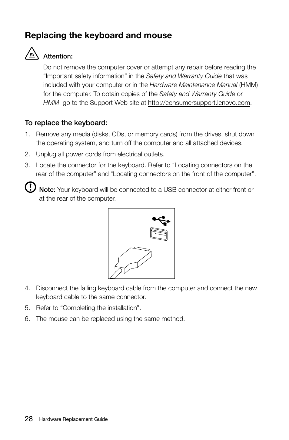 Replacing the keyboard and mouse | Lenovo H415 Desktop User Manual | Page 33 / 37