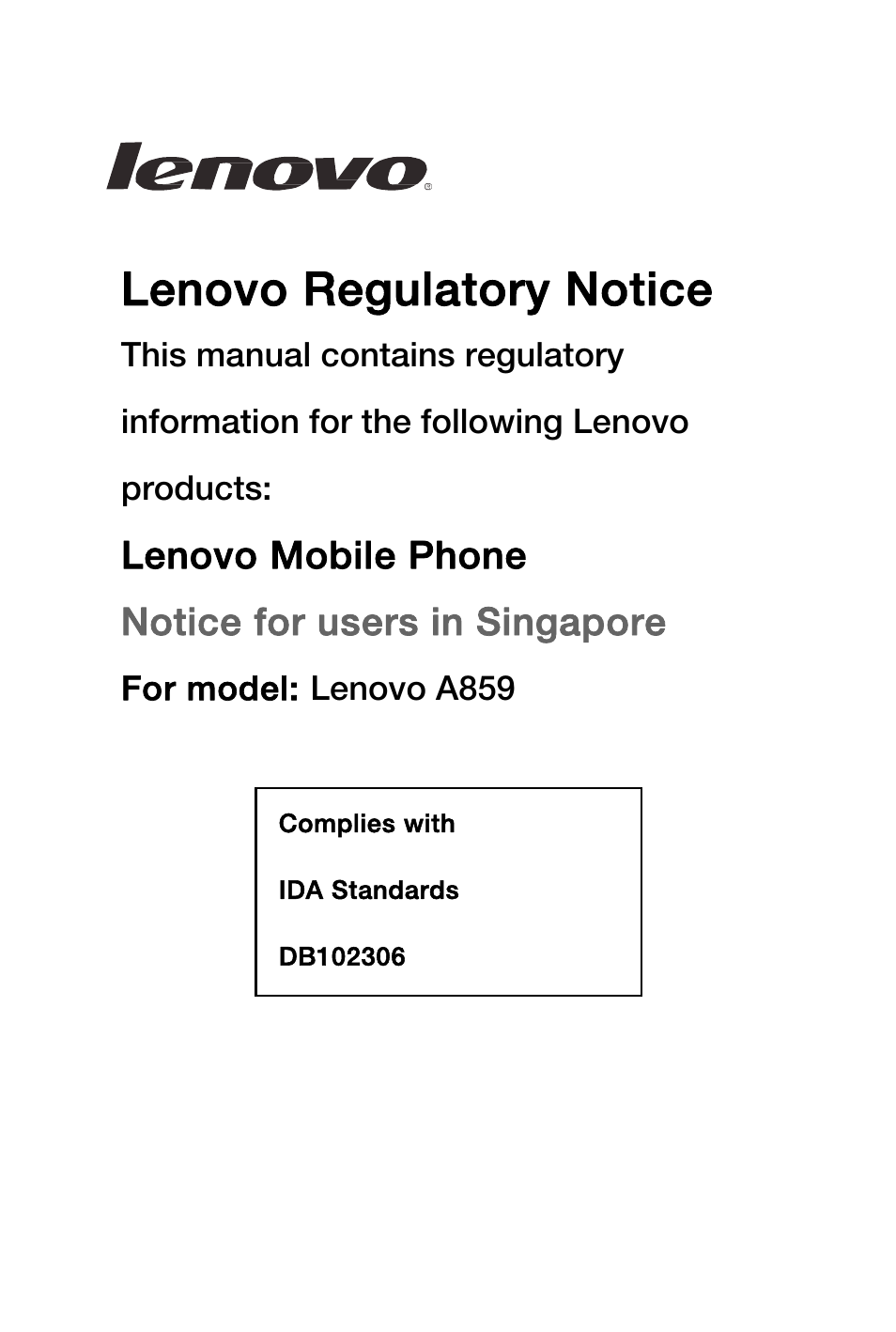 Lenovo A859 Smartphone Lenovo User Manual | 2 pages