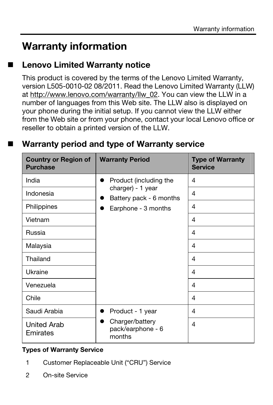 Warranty information, Lenovo limited warranty notice, Warranty period and type of warranty service | Lenovo K900 Smartphone User Manual | Page 10 / 18