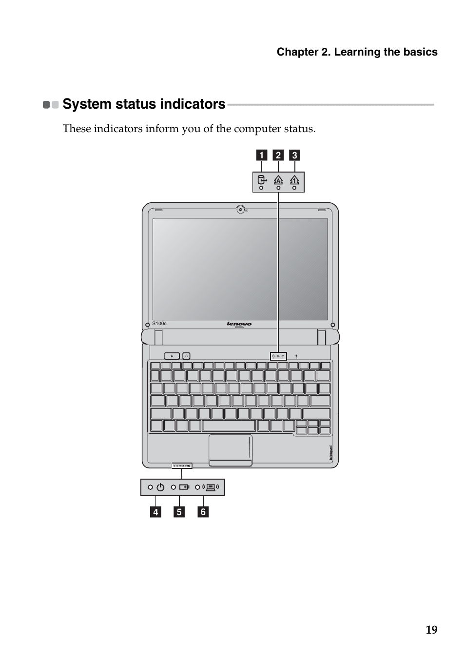 System status indicators | Lenovo IdeaPad S100c Notebook User Manual | Page 23 / 48