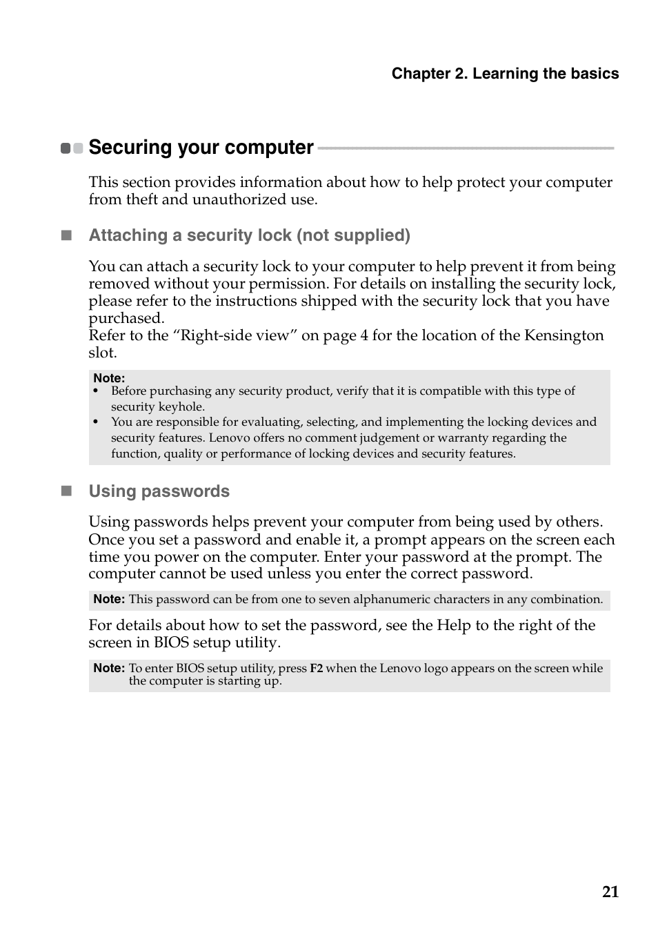 Securing your computer | Lenovo IdeaPad S100c Notebook User Manual | Page 25 / 48