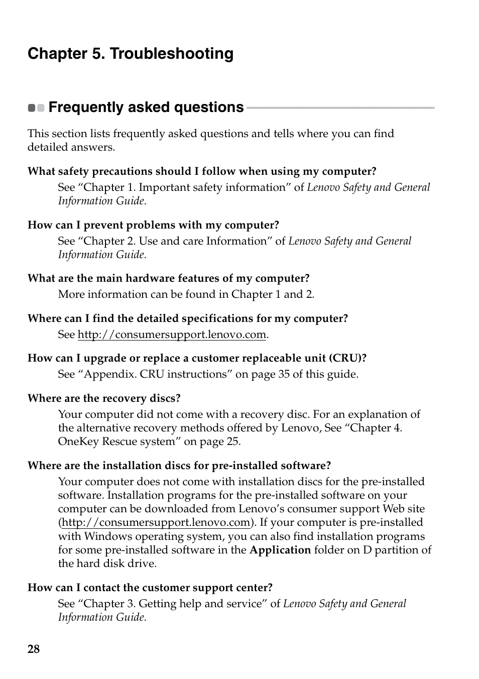 Chapter 5. troubleshooting, Frequently asked questions | Lenovo IdeaPad S100c Notebook User Manual | Page 32 / 48