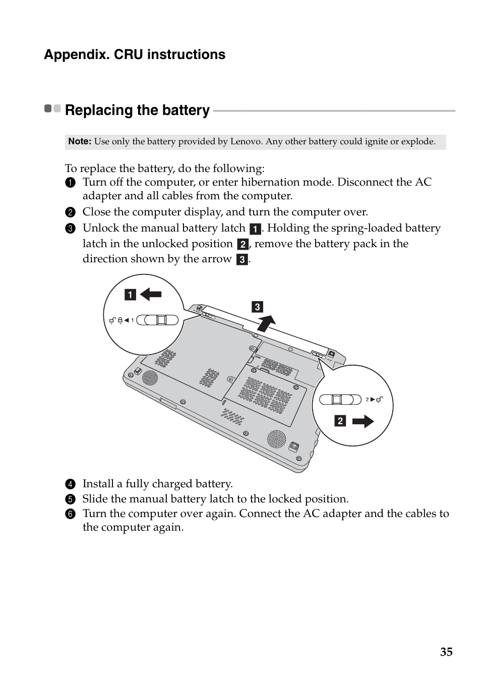 Appendix. cru instructions, Replacing the battery | Lenovo IdeaPad S100c Notebook User Manual | Page 39 / 48