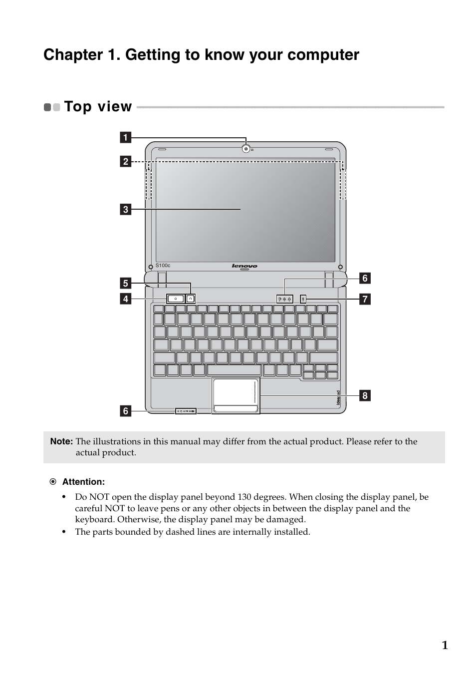 Chapter 1. getting to know your computer, Top view | Lenovo IdeaPad S100c Notebook User Manual | Page 5 / 48