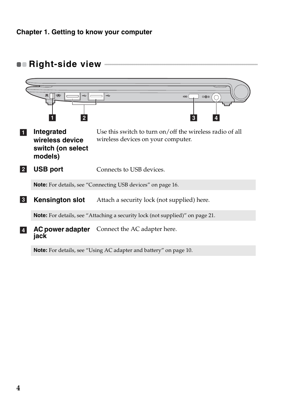 Right-side view | Lenovo IdeaPad S100c Notebook User Manual | Page 8 / 48