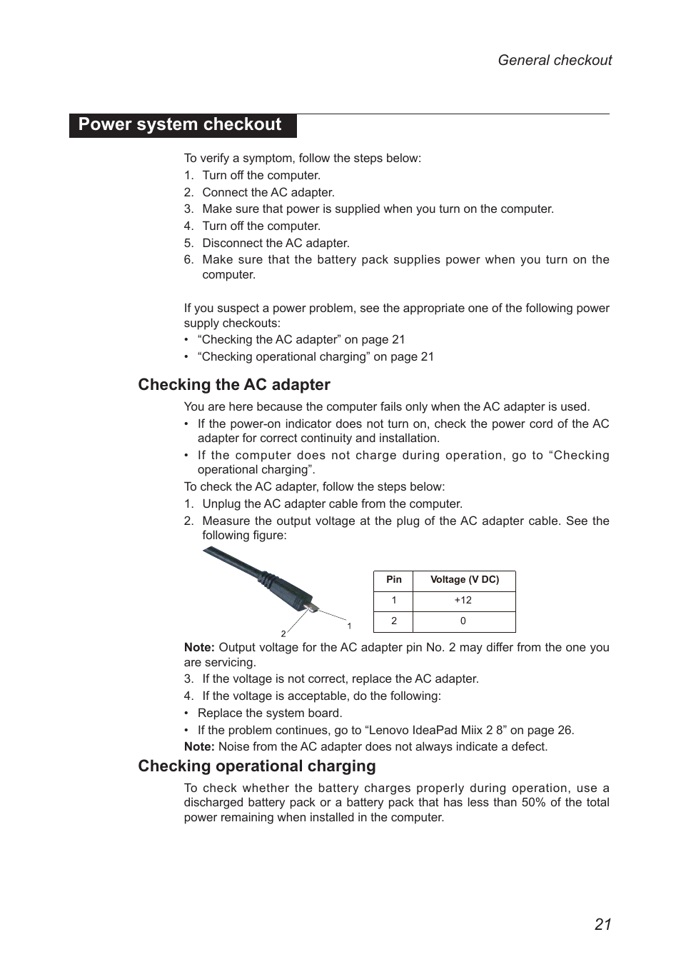 Power system checkout, Checking the ac adapter, Checking operational charging | Lenovo Miix 2 8 Tablet Lenovo User Manual | Page 25 / 57
