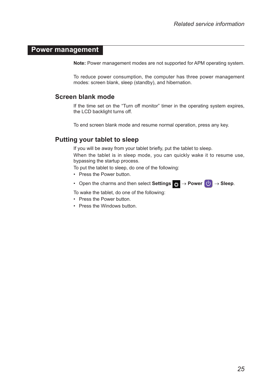 Power management, Screen blank mode, Putting your tablet to sleep | Lenovo Miix 2 8 Tablet Lenovo User Manual | Page 29 / 57