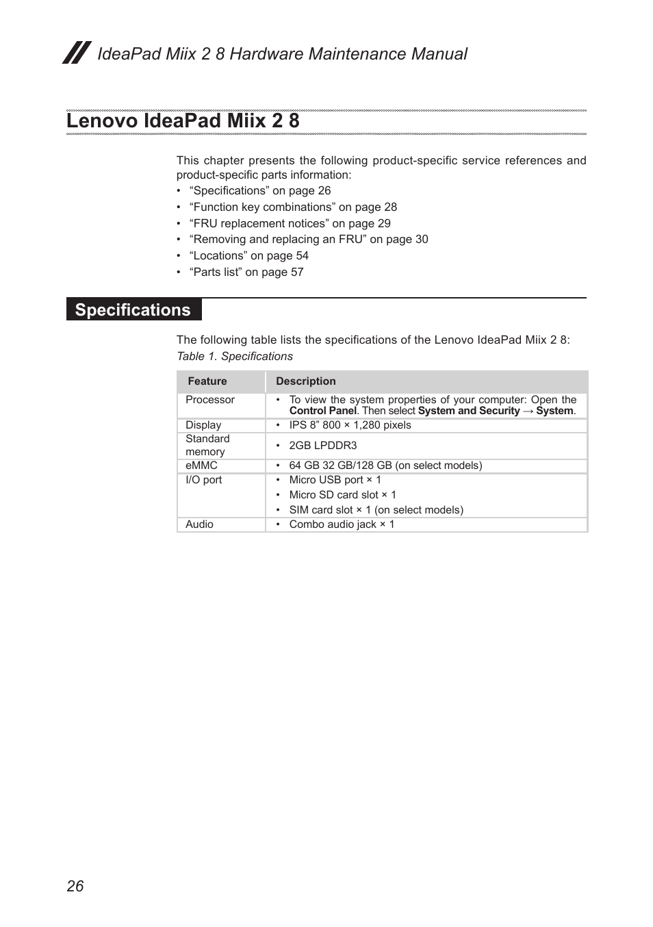 Lenovo ideapad miix 2 8, Specifications, Ideapad miix 2 8 hardware maintenance manual | Lenovo Miix 2 8 Tablet Lenovo User Manual | Page 30 / 57