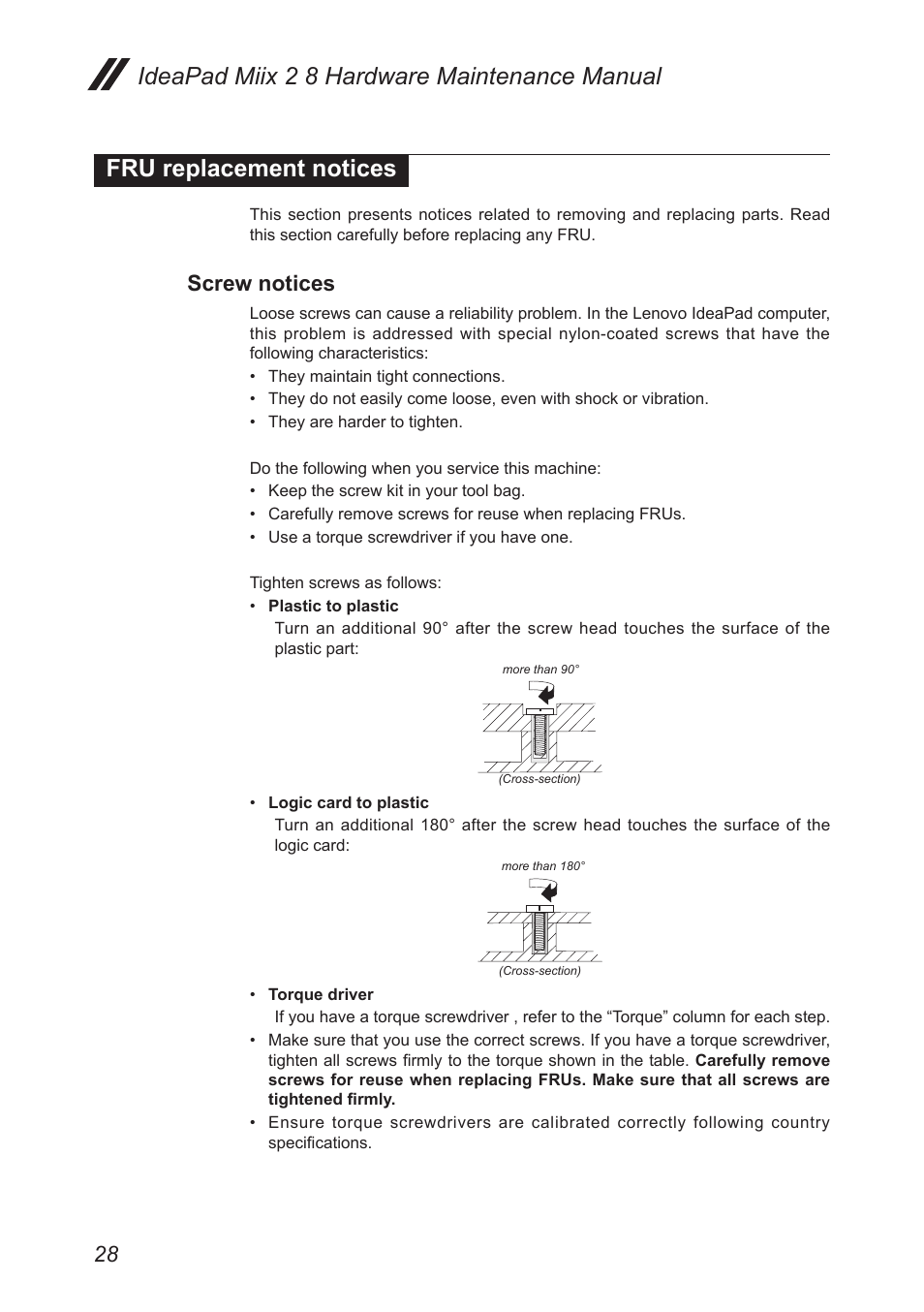 Fru replacement notices, Screw notices | Lenovo Miix 2 8 Tablet Lenovo User Manual | Page 32 / 57