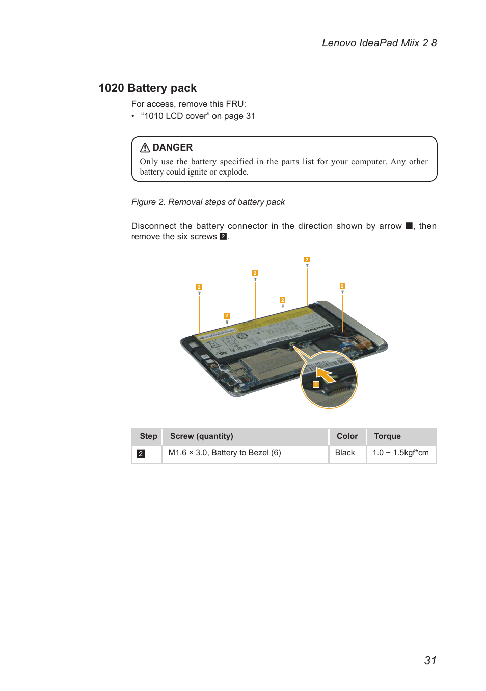 1020 battery pack, Lenovo ideapad miix 2 8 | Lenovo Miix 2 8 Tablet Lenovo User Manual | Page 35 / 57