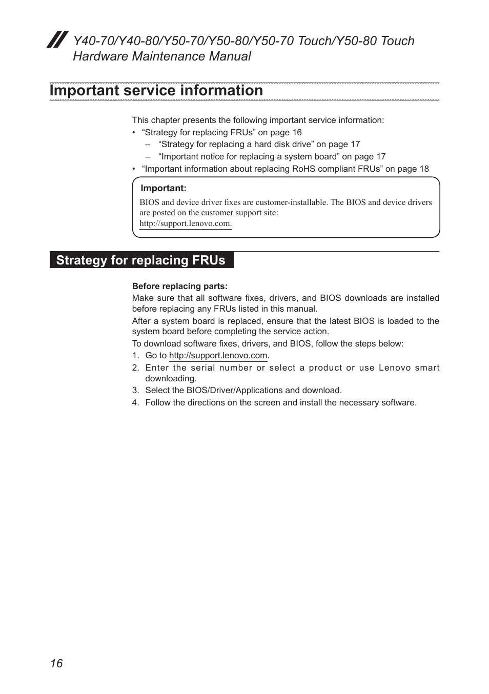 Important service information, Strategy for replacing frus | Lenovo Y50-70 User Manual | Page 20 / 106