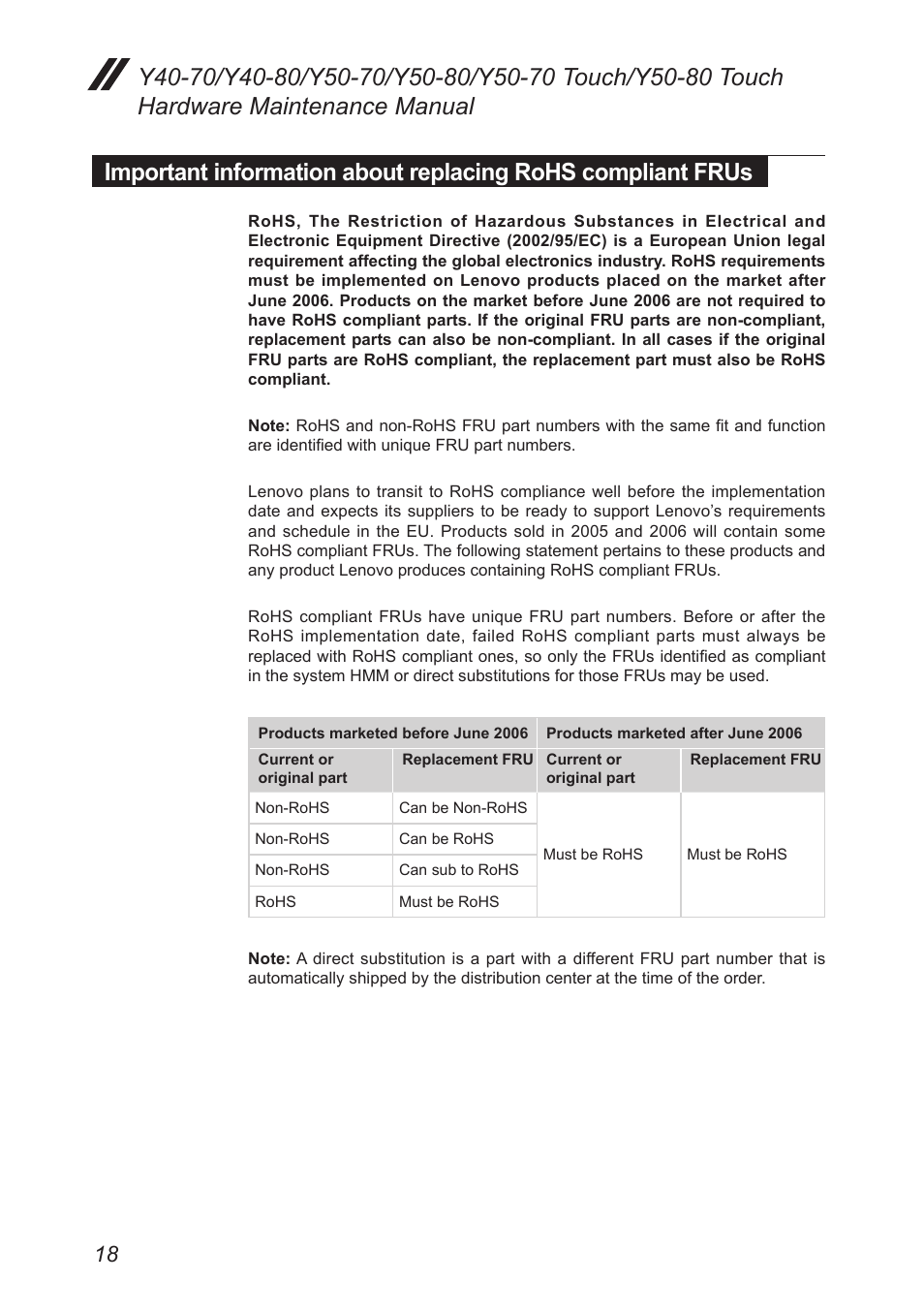 Important information about replacing, Rohs compliant frus | Lenovo Y50-70 User Manual | Page 22 / 106