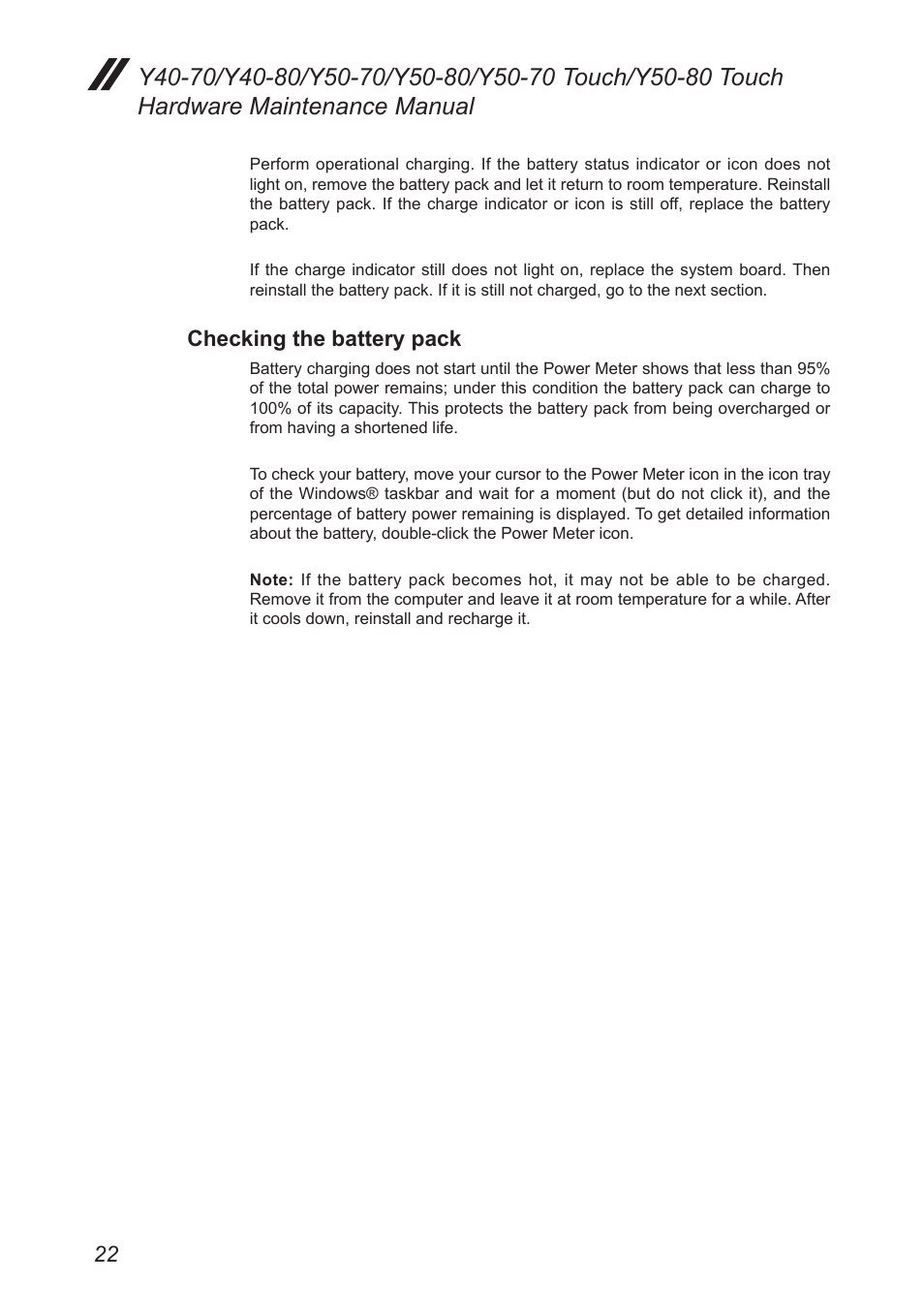 Checking the battery pack | Lenovo Y50-70 User Manual | Page 26 / 106