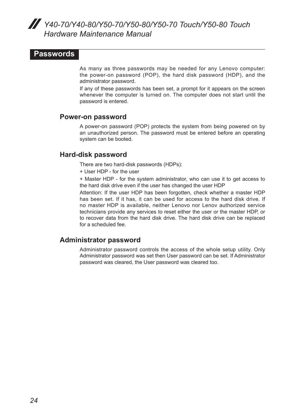 Passwords, Power-on password, Hard-disk password | Administrator password | Lenovo Y50-70 User Manual | Page 28 / 106