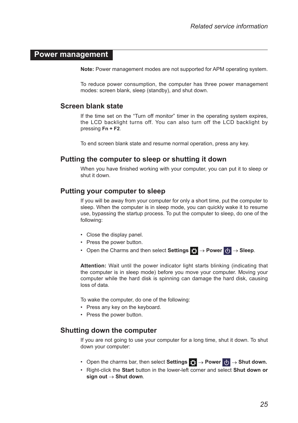 Power management, Screen blank state, Putting the computer to sleep or shutting it down | Putting your computer to sleep, Shutting down the computer, Putting the computer to sleep or, Shutting it down | Lenovo Y50-70 User Manual | Page 29 / 106