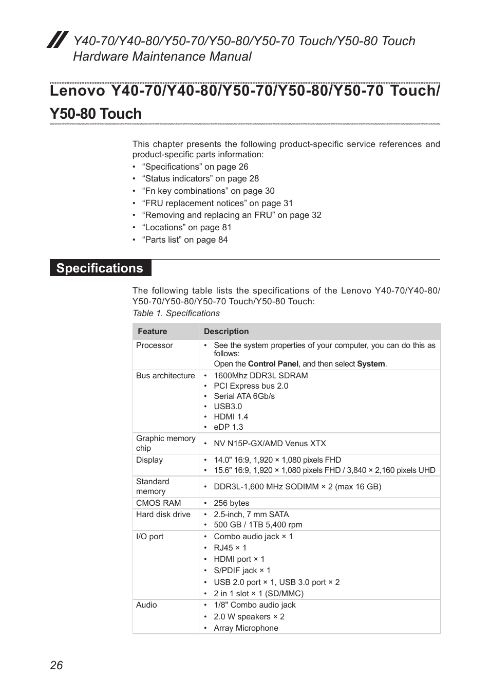 Specifications, Lenovo y40-70/y40-80/y50-70/y50-80, Y50-70 touch/y50-80 touch | Lenovo y40-70/y40-80/y50-70/y50-80/y50-70 | Lenovo Y50-70 User Manual | Page 30 / 106