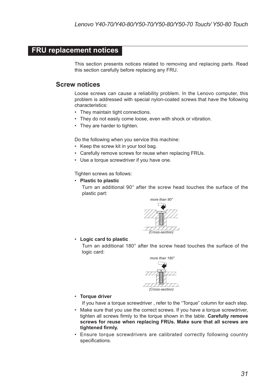 Fru replacement notices, Screw notices | Lenovo Y50-70 User Manual | Page 35 / 106